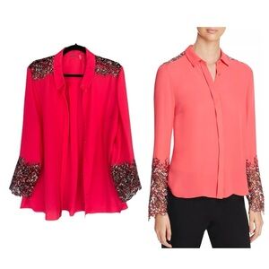 Ellie Tahari 100% Silk Blouse Ramona Floral Lace Panel Silk Blouse